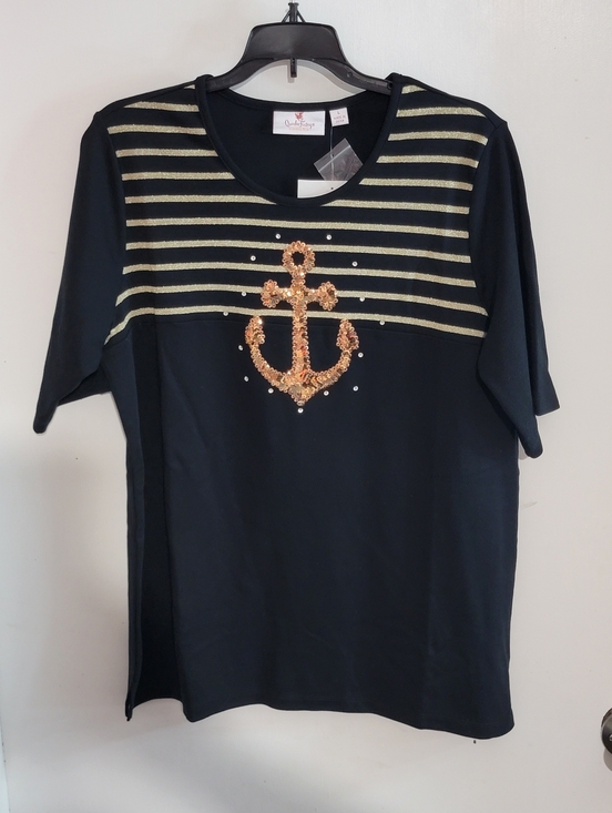 Quacker Factory Tops - Quacker Factory Sequin Anchor Black Tee with Gold Stripes
